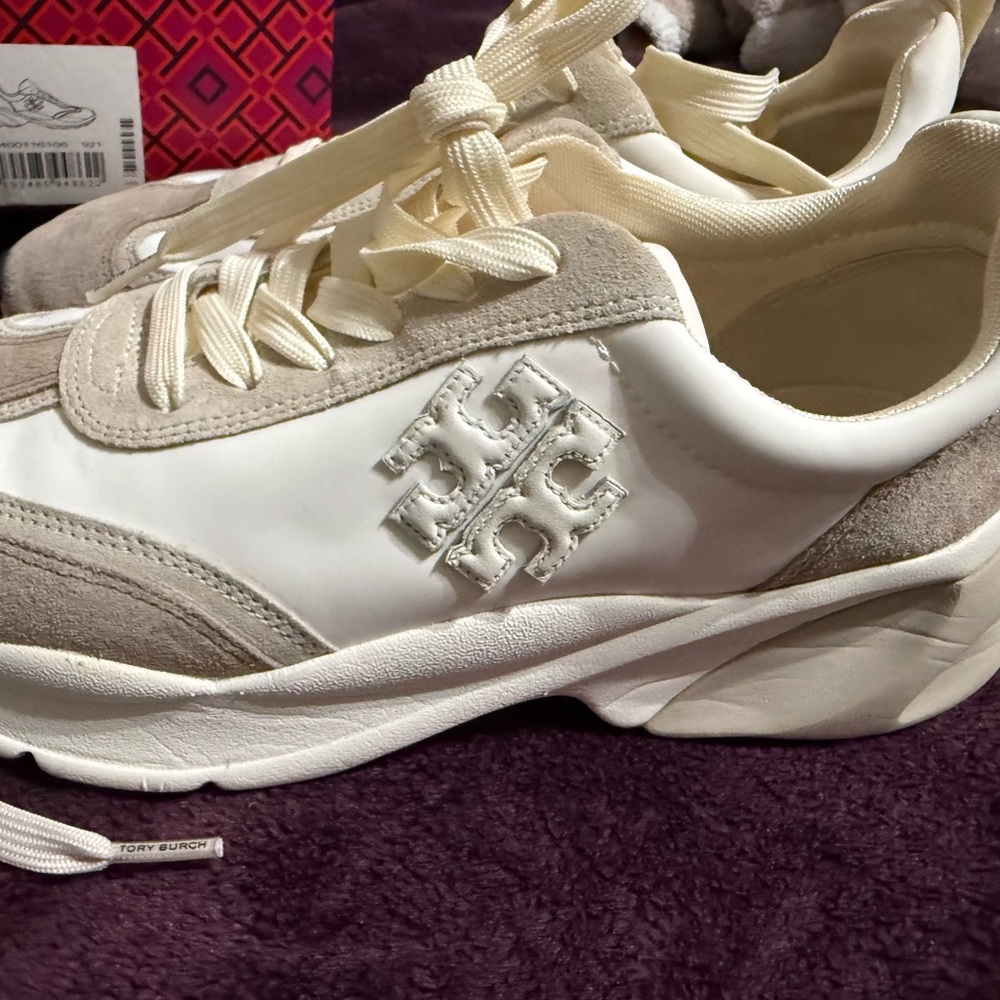 Tory Burch Cream and White Retro Sneakers